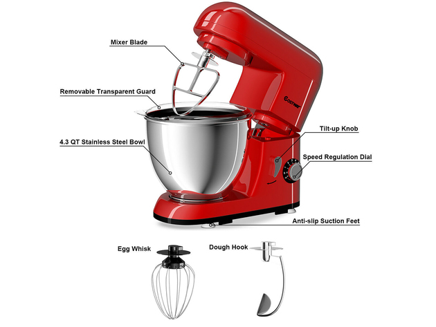 Costway Electric Food Stand Mixer 6 Speed 4.3Qt 550W Tilt-Head Stainless Steel Bowl New - Red