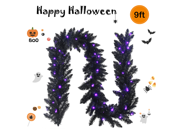 Costway 9ft Pre-lit Christmas Halloween Garland Black w/ 50 Purple LED Lights - Black