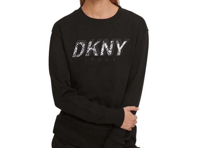 DKNY Women's Sport Printed-Logo Fleece Sweatshirt Black Size X-Small