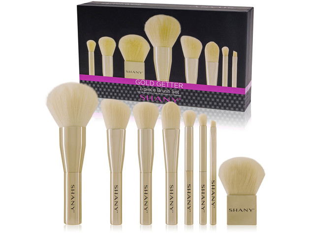 SHANY Gold Getter Cosmetics Brush Set – Premium Travel Makeup Brush Kit with Chrome Finish - Includes Portable Canvas Brush Holder Tote and Bonus Kabuki Brush - 7 PCS