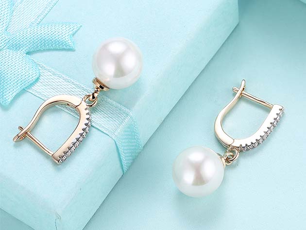 18K Gold Plated Earrings with Faux Pearl & Micro-Pave Swarovski