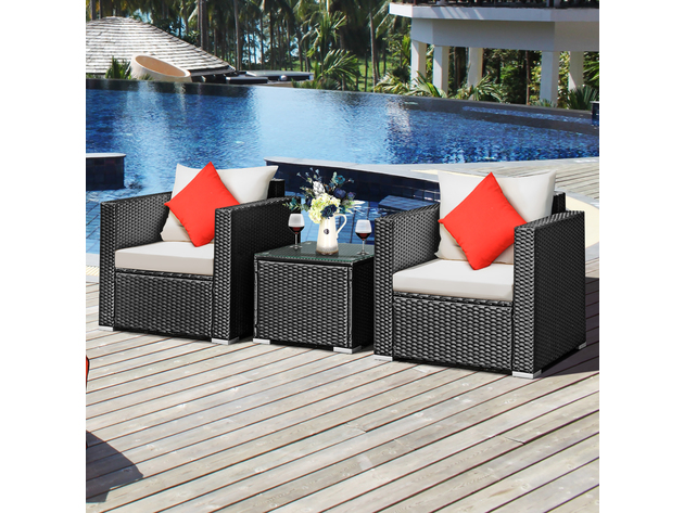 Costway 3 Piece Patio wicker Furniture Set Conversation Rattan Sofa Set w/Cushion Garden Black