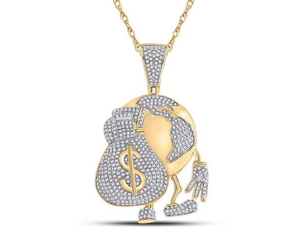 1.50 Carat (ctw G-H, I2-I3) Diamond Globe Money Earth Charm Pendant Necklace in 10K Yellow Gold with Chain