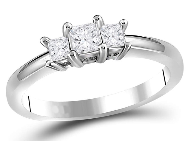 Three Stone Princess Cut Diamond Anniversary Engagement Ring 1/2 Carat (ctw I-J, I1) in 14K White Gold - 8.5