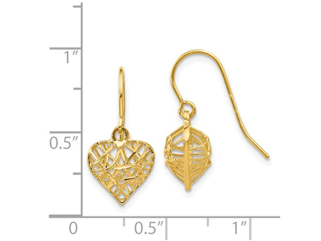 14K Yellow Gold Diamond Cut Puffed Heart Dangle Earrings