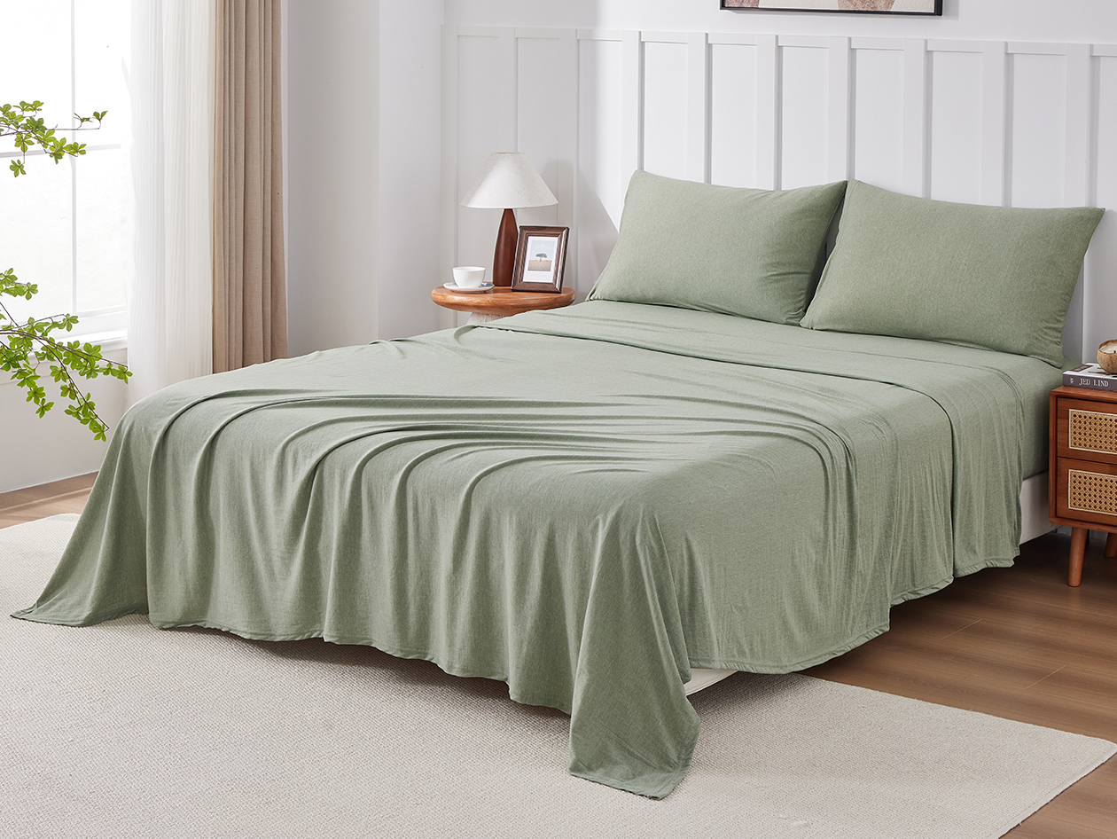 Kathy Ireland 4 Piece Heathered Jersey Knit Cotton Sheet Set (King/Olive)