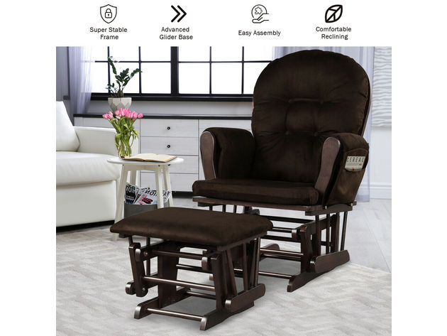 Costway Glider and Ottoman Cushion Set Wood Baby Nursery Rocking Chair Brown - Espresso