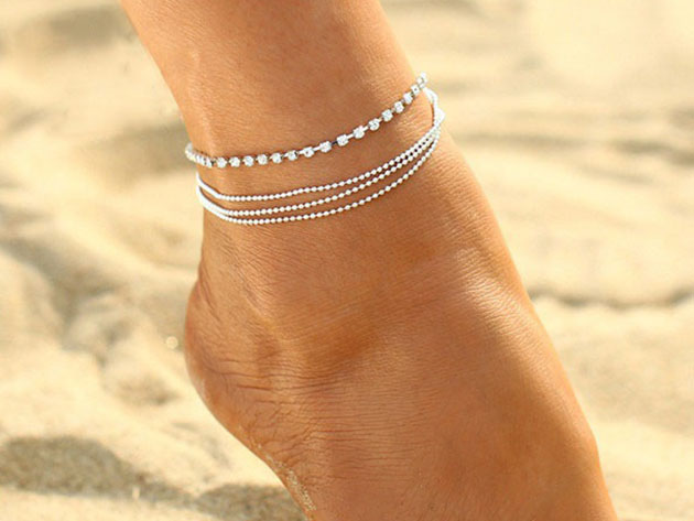 18K White Gold Plated Summer Anklet (Triple Dainty Chains)