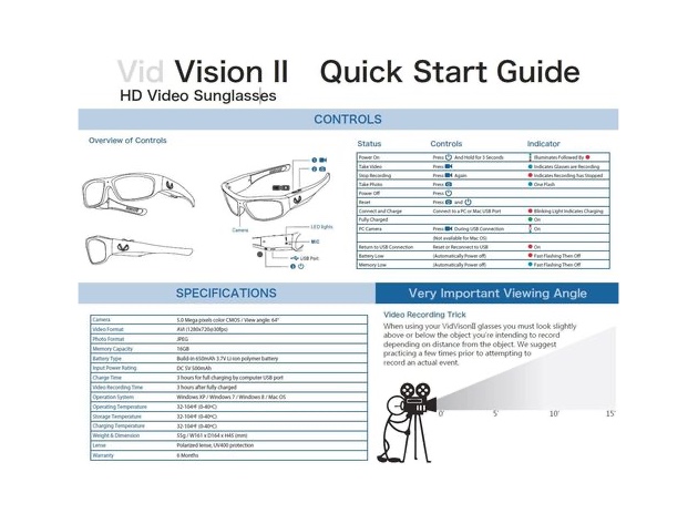 Vidvision VID720IIB Ii 720p Recording Sunglasses Plastic and Metal - Black (New)
