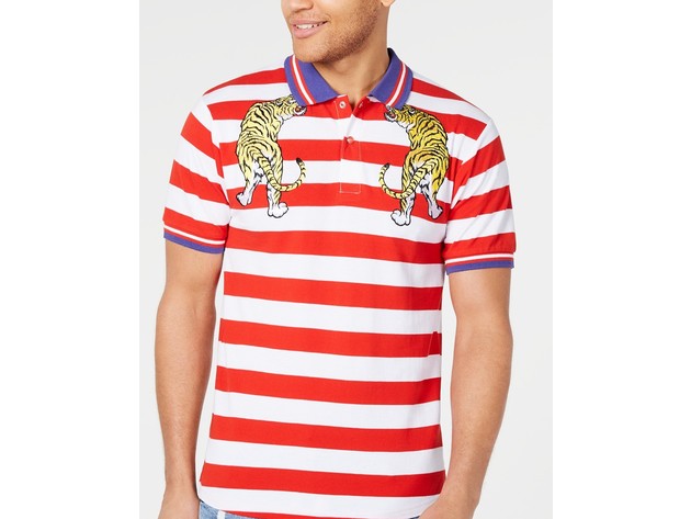 Reason Clothing Men's Striped Embroidered Polo Shirt Tiger Bay Red Size Small