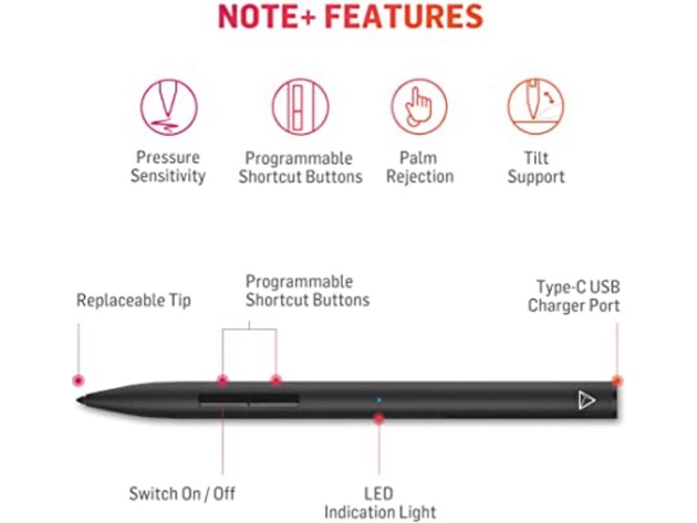 Adonit Note+ Plus Stylus Pencil with Palm Rejection, Pressure Sensitivity, Black