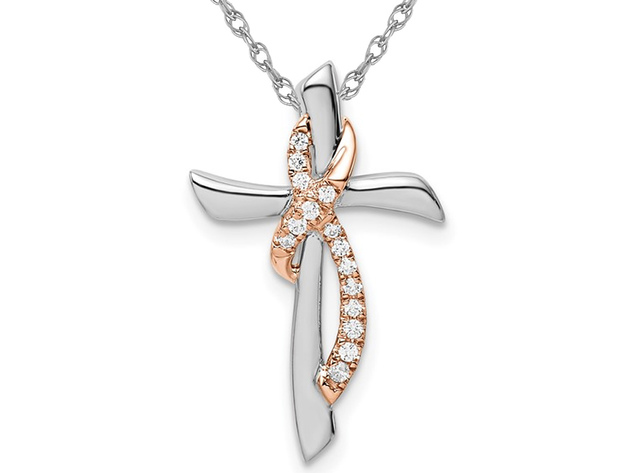 14K White and Pink Gold Ribbon Cross Pendant Necklace with Chain