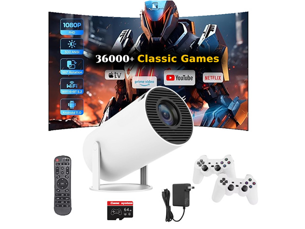 2-in-1 Ultimate 1080p HD Gaming Projector with Android 11, 2 Controllers & 36,000+ Games