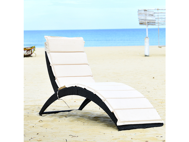 Costway Folding Patio Rattan Lounge Chair Chaise Cushioned Portable Garden Lawn Black