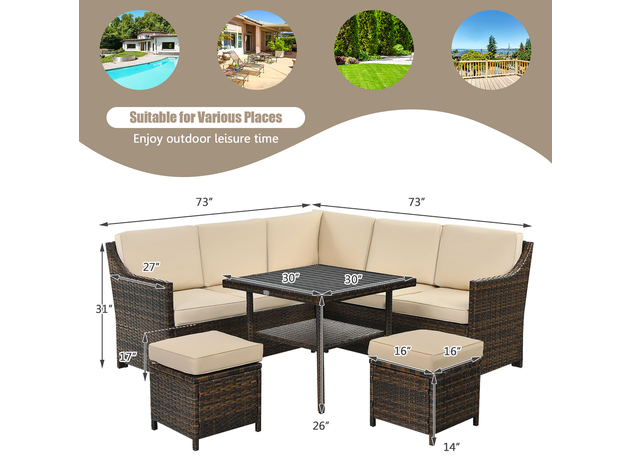 Costway 6PCS Patio Rattan Dining Sofa Furniture Set Ottoman Table Lower Shelf - Beige