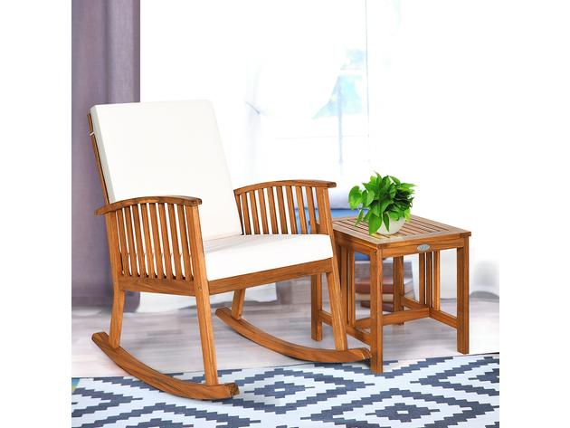 Costway 2 Piece Acacia Wood Patio Rocking Chair Set Cushioned Coffee Table - Teak