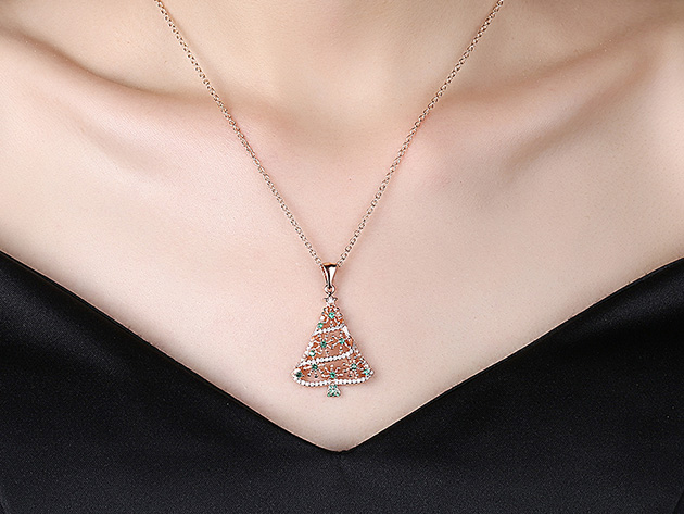 Christmas Tree Necklace Paved with Green Swarovski (Rose Gold)