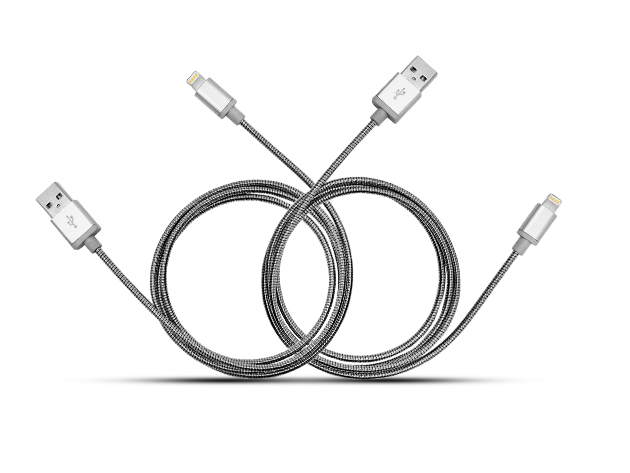 Tech2 MFI Metal Charge & Sync Lightning Cable: 2-Pack (Silver)