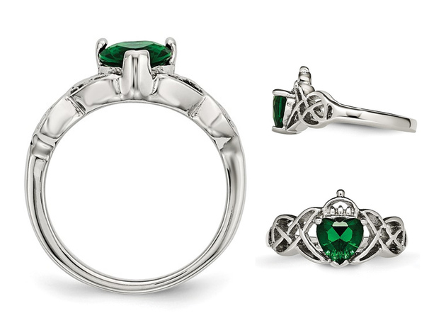 Claddagh Ring in Stainless Steel with Green Heart CZ - 8