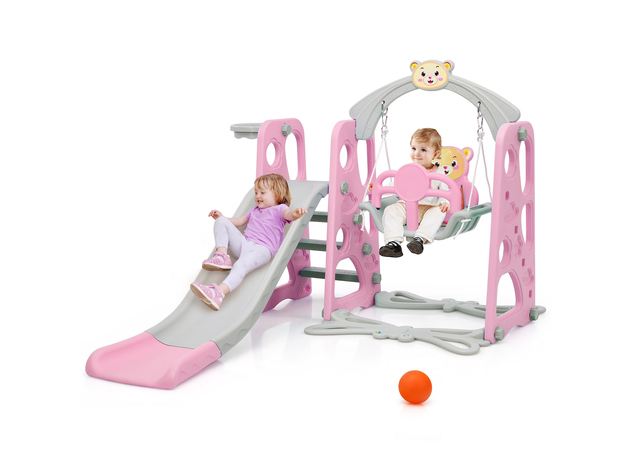 Costway 4-in-1 Toddler Climber and Swing Set w/ Basketball Hoop & Ball Pink\Green - Pink