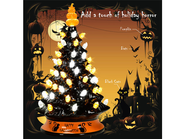 Costway 15'' Pre-Lit Ceramic Hand-Painted Tabletop Halloween Tree Battery Powered Black - Black