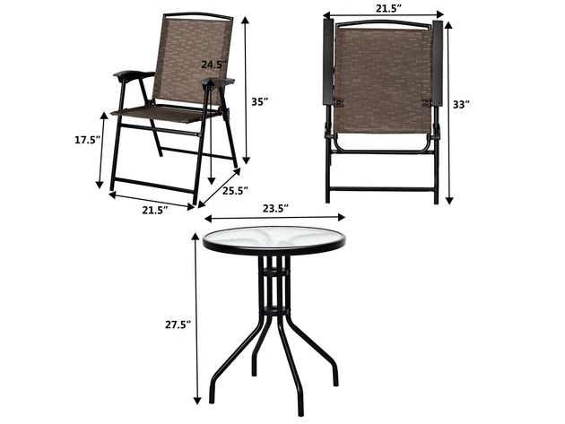 Costway 3 Piece Bistro Patio Garden Furniture Set 2 Folding Chairs Glass Table Top Steel Brown & Black