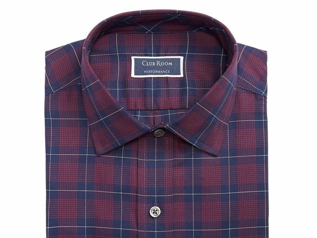 Club Room Men's Classic Fit Stretch Twill Houndstooth Plaid Dress Shirt Red Size 17X34-35