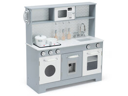 Costway Pretend Play Kitchen Wooden Toy Set for Kids w/ Realistic Light & Sound - White and Gray