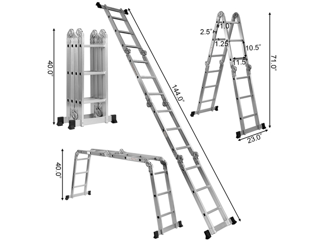 12.5FT EN131 330LB Multi Purpose Step Platform Aluminum Folding Scaffold Ladder - Silver