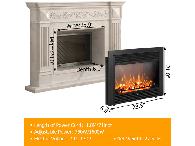 Costway 28.5" Electric Fireplace with Tempered Glass, Realistic Flame & Remote