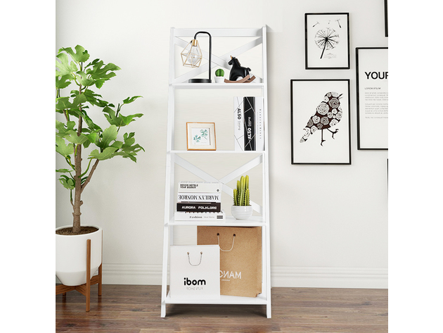 Costway Set of 2 Ladder Shelf 4-Tier Bookshelf Bookcase Storage Display Plant Leaning - White
