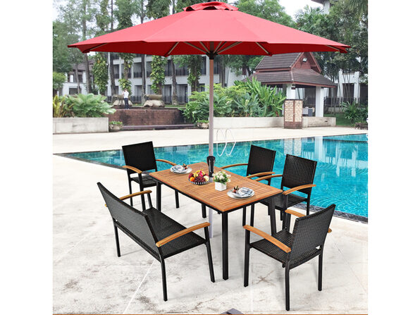 Acacia Wood Outdoor Dining Table With Umbrella Hole / Rattan Chairs