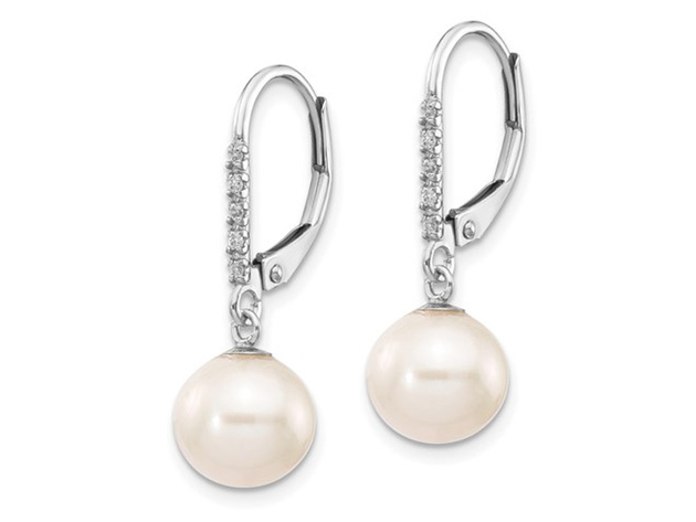 14K White Gold Freshwater Cultured Pearl (8-9mm) Dangle Leverback Earrings