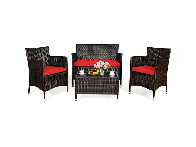 Costway 4 Piece Rattan Patio Furniture Set Cushioned Sofa Chair Coffee Table Red 