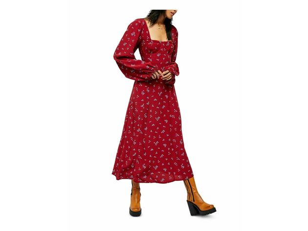 Free People Women's Iris Floral Long Sleeve Midi Dress Red Size Small