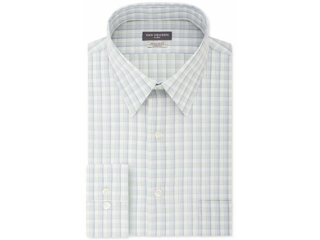 Van Heusen Men's Classic Fit Wrinkle-Free Performance Stretch Flex Collar Plaid Dress Shirt Blue Size 16-34-35