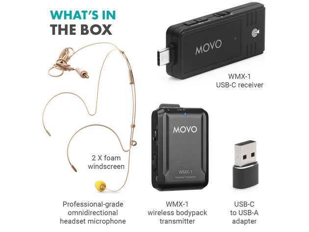 Movo WMX-1-UH |  Wireless USB and USB-C Headset Microphone