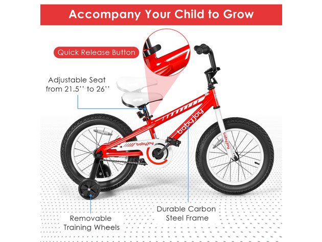 Babyjoy 16'' Kids Bike Bicycle w/ Training Wheels for 5-8 Years Old Girls Boys - Red