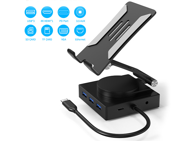 10-in-1 USB-C Docking Station with 360° Rotatable Bracket