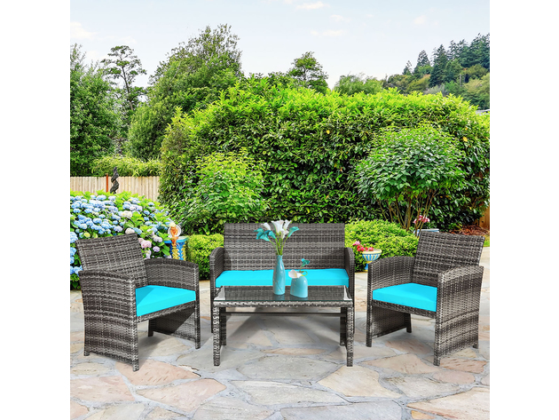 Costway 4 Piece Patio Rattan Furniture Set Conversation Glass Table Top Cushioned Turquoise