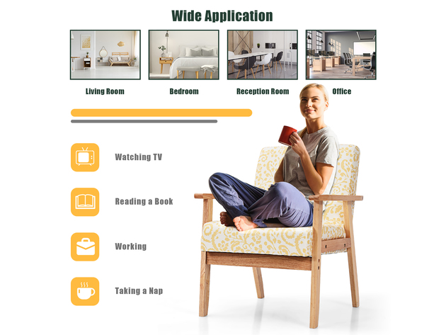 Costway Modern Accent Armchair Upholstered Lounge Chair w/Rubber Wood Leg - Yellow Floral