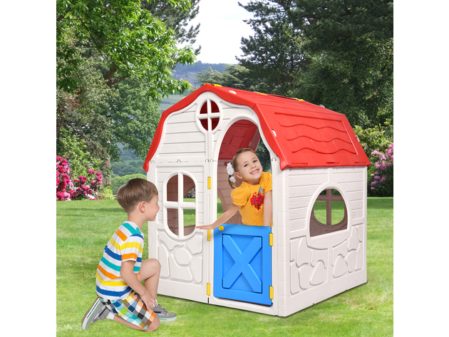 Costway Kids Cottage Playhouse Foldable Plastic Play House Indoor Outdoor Toy Portable - Beige + Red + Blue