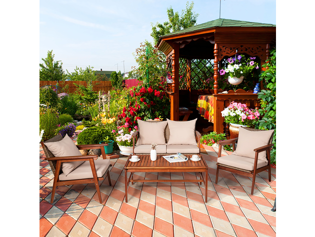 Costway 4 Piece Patio Rattan Furniture Set Acacia Wood Frame Cushioned Sofa Chair Garden Coffee