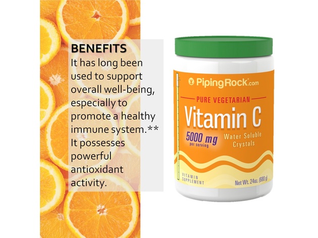 Piping Rock Vitamin C 5000 mg Pure Vegetarian Water Soluble Crystals 24 Oz (680 g) Supplement