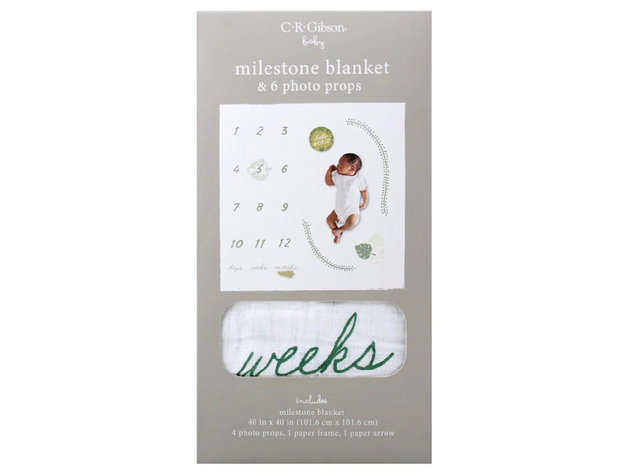CR Gibson Milestone 100% Cotton Soft Gauze Blanket with Fun Graphics and Die-Cut Photo Prop Cards, Document Your Baby's Growth Through, Rich