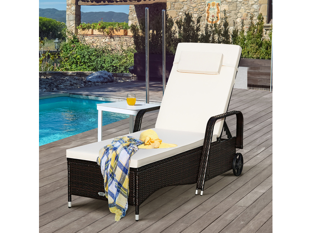 Patio Rattan Lounge Chair Chaise Adjustable Recliner Cushioned Sofa Garden - Brown