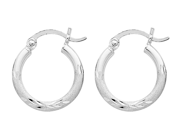 14K White Gold Diamond Cut Hoop Earrings