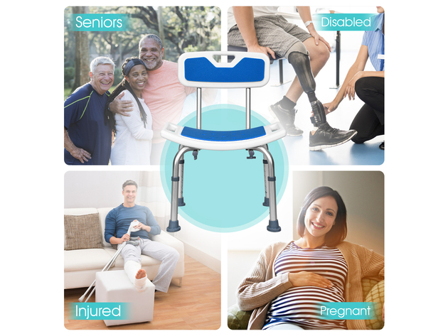Costway Shower Bath Chair 6 Adjustable Height Non-Slip Bathtub Stool w/ Padded Back&Seat - Blue + Sliver