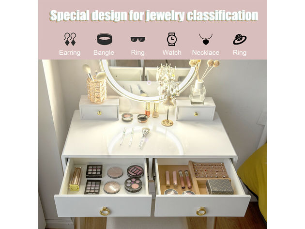 Costway Makeup Vanity Table 3 Color Lighting Modes Jewelry Dressing - White