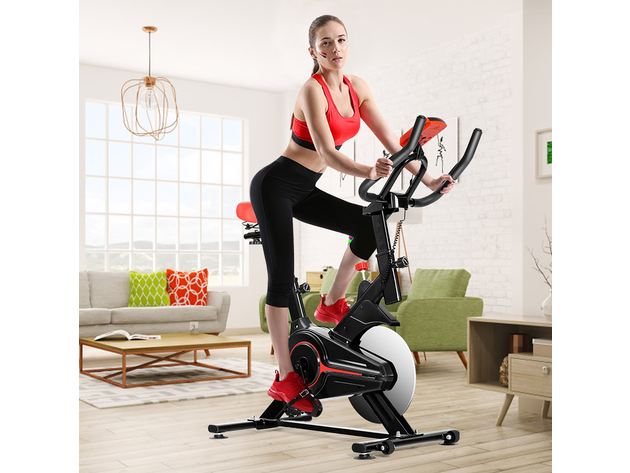 Indoor Exercise Bike Fitness Cardio W/4-way Adjustable Seat - Black + Red